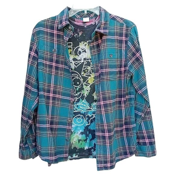Flannel and Tee Combo Girls XL Gymboree Flannel and Rick & Morty Tee Blue Pink - Picture 1 of 10